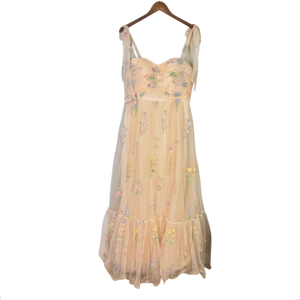 Neutral Cream Tulle Tie Straps Long A Line Flower Embroidered Prom Formal Dress - Picture 10 of 13